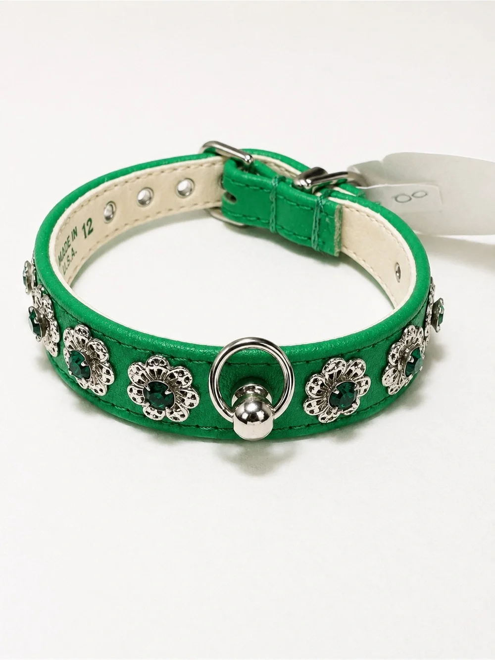 Green Floral Crystal Dog Collar with Silver Accents